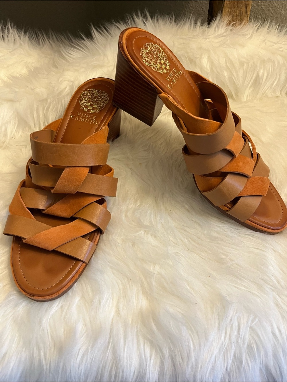 Vince Camuto Tan Leather Strappy Block Heel Mules